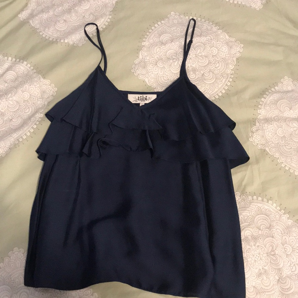 Tibi Navy Silk/Cotton Top with Ruffle